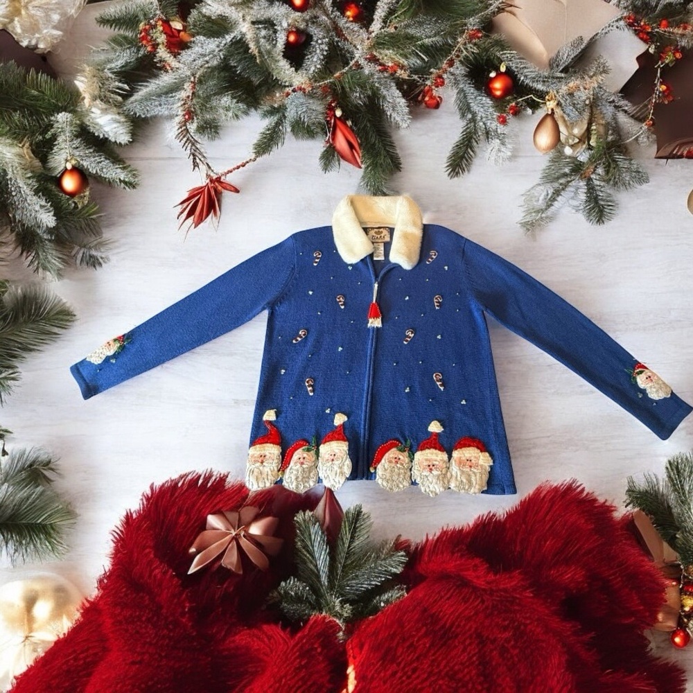 TIARA INTERNATIONAL SANTA & CANDY CANE HOLIDAY ZIP SWEATER (S)